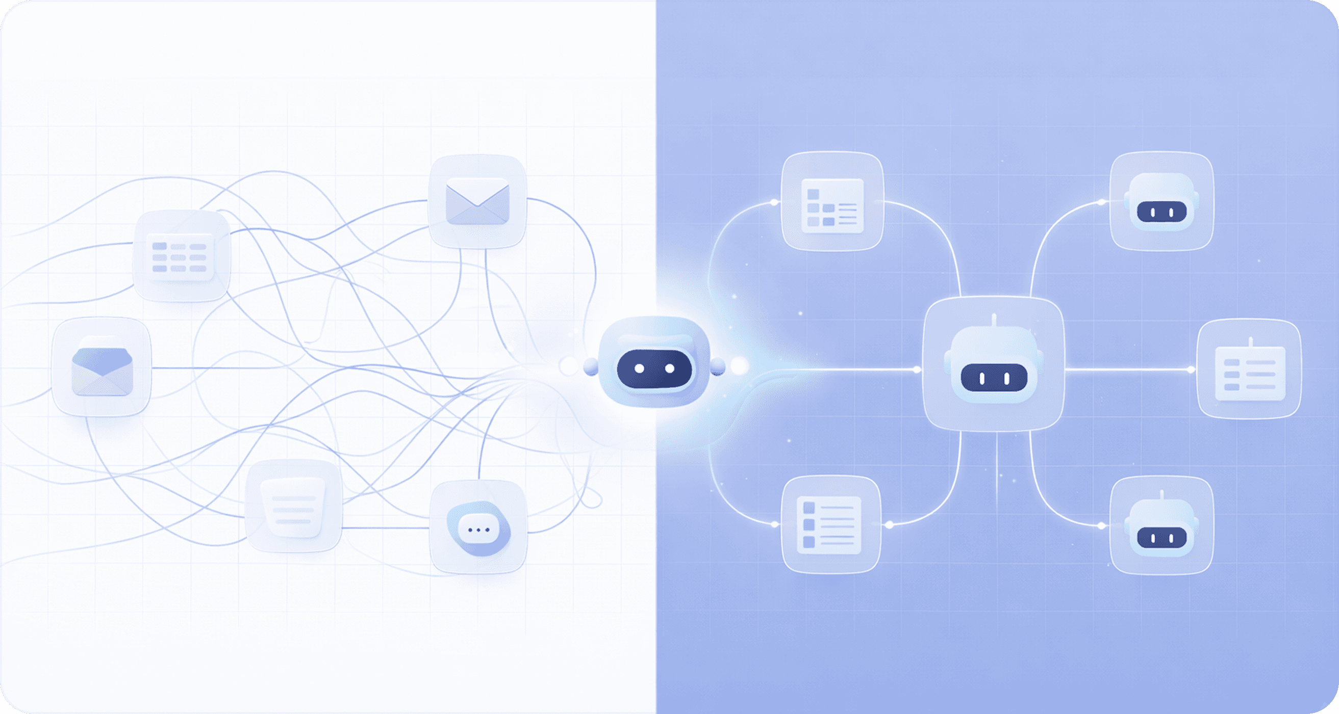 Tangled, chaotic business processes flowing through the Fishbulb AI agent and emerging as orderly, completed work